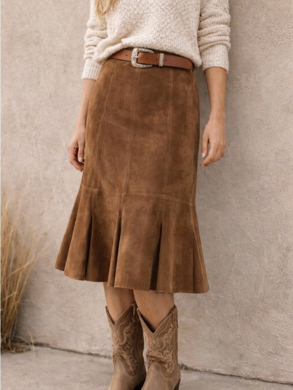 Vintage Brown‎ Suede Leather Skirt Womens 14P Midi Flare Western Boho